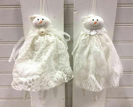 White Lace Snowman Girl Doll Shelf Sitter Ornament Delton 8&quot; Christmas Set of 2 - £12.75 GBP