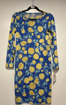 LULAROE LLR DEBBIE SIZE XS BLUE PENCIL DRESS WITH YELLOW ROSES #646 - £31.72 GBP