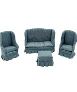 Vtg Miniature Dollhouse Furniture 4 Pieces Sofa Chairs Upholstered Blue ... - $25.83 CAD