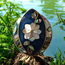 Alpaca Pendant Brooch Pin Abalone Shell Vintage Mexico Inlaid Floral Silver Tone - £27.52 GBP