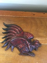 Vintage Red &amp; Black Painted Metal Rooster Wall Plaque – marked HODA on b... - $19.39
