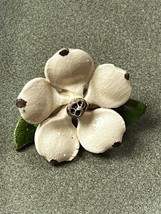 Vintage Handmade White Dogwood Flower w Green Leaves Clay Pottery Pin Brooch – 1 - £10.46 GBP