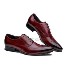 Handmade Men&#39;s Leather Oxfords Maroon Wing Tip Burnished Medallion Shoes-217 - £168.48 GBP