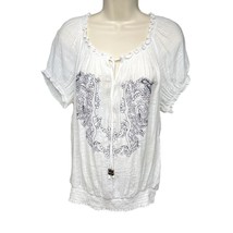 Womens Embroidered Blouse White Cinched Waist Size Extra Large u - £11.20 GBP