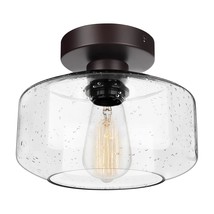 Industrial Semi-Flush Mount Ceiling Light, Seeded Glass Pendant Lamp Shade, Brow - £66.33 GBP