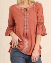 Marsala (Blush)~Coral~Bell Sleeve Tunic~Embroidery Front~Hanging Tassels... - $38.50