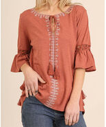 Marsala (Blush)~Coral~Bell Sleeve Tunic~Embroidery Front~Hanging Tassels... - $38.50