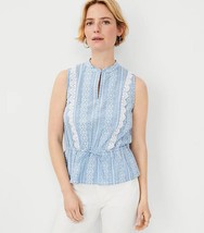 New Ann Taylor Blue Lace Chambray Blouse Top Sz S Sleeveless Cotton Split Neck - £27.08 GBP