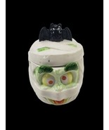 Vintage Halloween Mummy Cookie Jar Candy Dish with Lid Black Bat Ceramic  - $32.90