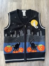 Vintage Halloween Zip Up Vest, Black Cat Pumpkin Gaudy Design, Ugly Halloween - £19.86 GBP