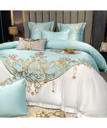 European Fresh Blue Flower Embroidery Four-piece Luxury Bedding Set - $284.33 CAD