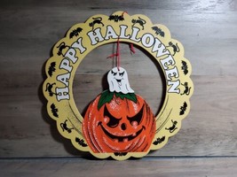 Halloween Wooden Sign Hanging Decoration Pumpkin Ghost Circle 10.25x10.25 - £9.59 GBP