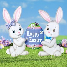 Adorable HAPPY EASTER Metal Bunnies &amp; Egg Yard Stake Outdoor Spring Garden Decor - £23.52 GBP