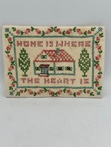 Vtg Completed Cross Stitch Home is Where the Heart House Trees Flowers 7x5 - £9.86 GBP