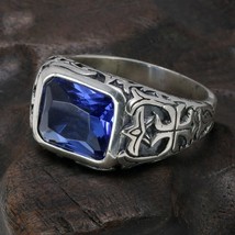 Real Pure 925 Sterling Silver Rings For Men Blue Natural Crystal Turquoise Stone - £45.20 GBP