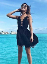 Women&#39; Celeb Style Cotton Crochet Trim Plunge Party Dress in Black 10 AU... - $49.99