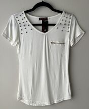 Buzz Girl Plain Blouse Metal Studded Regular Short Sleeve Beige Size Small - $7.91