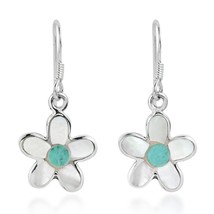 Cute Flower w/ Shell &amp; Green Turquoise Inlays Sterling Silver Dangle Earrings - £15.02 GBP