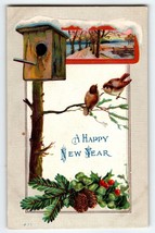 Happy New Year Postcard Birds Birdhouse Vintage Greetings Unused Embossed - $15.68