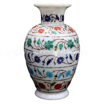 18&quot; white Marble Flower Vase Pot Mosaic inlay malachite home room kitchen decor - £1,797.99 GBP