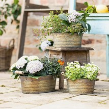 Set Of 3 Farmhouse Decor Galvanized Oval Planter Tubs | Nested Metal Tin Buckets - £33.01 GBP