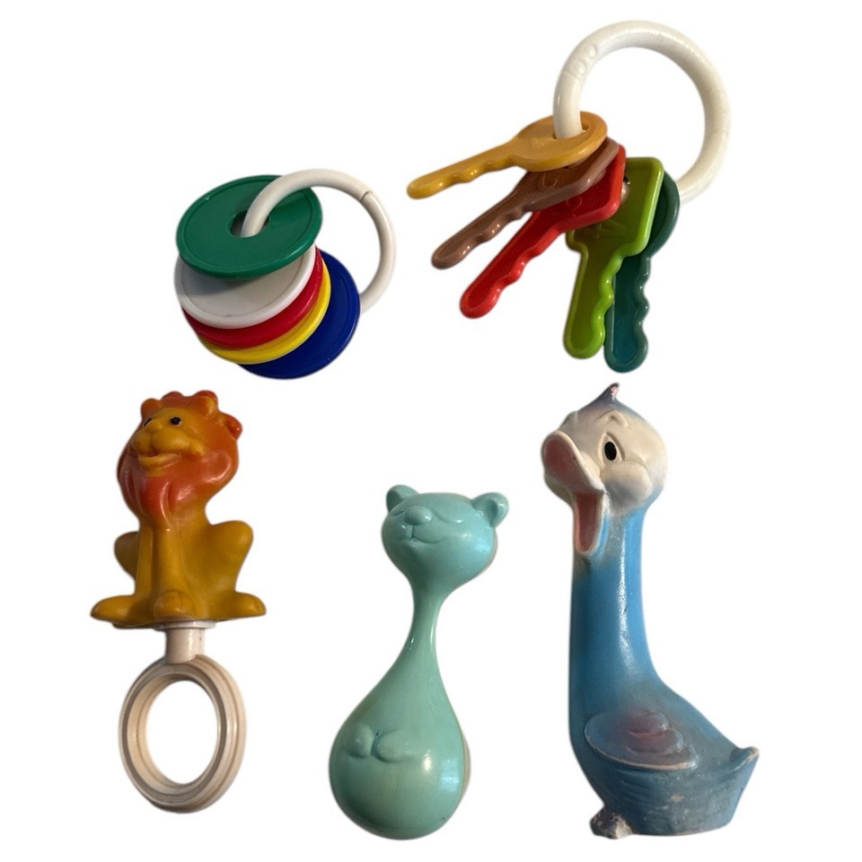 Vintage Rubber Duck Squeak Toys Plastic Key Chain Rattle Cat Baby Toddle... - $24.49