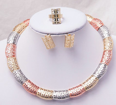 Tri Tone Collar Necklace Earrings Ring Bracelet Set Fashion Jewelry 16&quot; + Ext - £9.39 GBP