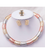 Tri Tone Collar Necklace Earrings Ring Bracelet Set Fashion Jewelry 16&quot; ... - £9.43 GBP