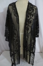 Black sheer embroidery mesh fringe cardigan top Kimono Boho NWT Retail $25 Sz S - £15.92 GBP