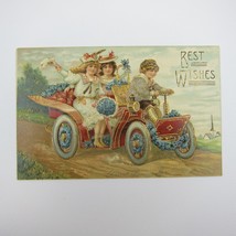 Postcard Best Wishes Children Antique Red Car Automobile Blue Flowers Gold 1908 - £8.01 GBP