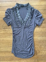 * XXI Forever 21 silver Gray Short Sleeve satin Ruffle blouse top medium... - $15.74