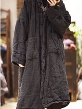 Johnature Women Linen Vintage Winter Parkas Button Coats Pockets Stand Long Slee - £116.90 GBP
