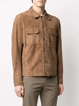 Mens Beige Suede Leather Shirt Trucker Jacket Men Suede Leather Jacket #27 - £113.06 GBP+