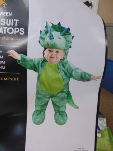 Dinosaur Halloween Costume Triceratops Green Hooded Plush Jumpsuit-sz 6/12 mths