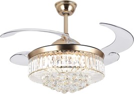 Modern Crystal Ceiling Fan Light Remote Control 4 Retractable Abs Blades For - £167.22 GBP