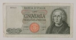 1964 Italy 5000 Lira Note / Banca d'Italia Cinquemila Lire, Christopher ... - $65.33