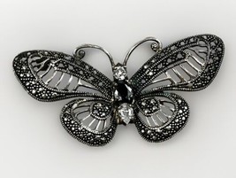 925 Sterling Silver Black Onyx Gem Stone &amp; Marcasite Butterfly Pendant/ ... - €48,04 EUR