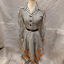 Women&#39;s Gray and White Striped Dress with Orange Flower Detailing with Belt - £27.24 GBP