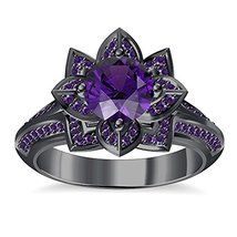 Solitaire Purple Amethyst Engagement Lotus Flower Ring in 14K Black Gold Plated - £79.13 GBP