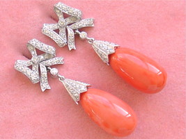 Estate .90ctw Diamond Bows 21mm Coral Drops Wht 18K Cocktail Statement Earrings - £3,255.63 GBP