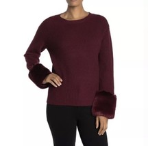 Love Token Womens Faux Fur Cuff Knit Sweater Wine Crew Neck XS NWT New - $24.74