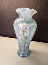 Signed Fenton Hand Painted Feather Vase Blue Opalescent - £197.63 GBP