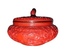 Antique Chinese Red Cinnabar Round Box and Carved Wooden Calligraphy Panel - £150.66 GBP