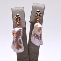 Cute Girl Purple Earrings, Shiny Gold Earrings, Natural Purple Slender Baroque P - £19.16 GBP