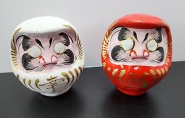 A Pair of Japanese Daruma Dolls Red FUKU Fortune Luck White SHIAWASE Happpiness - £35.48 GBP