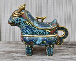 Antique Chinese Cloisonne Foo Dog Bull Figurine Box Vessel - £465.96 GBP