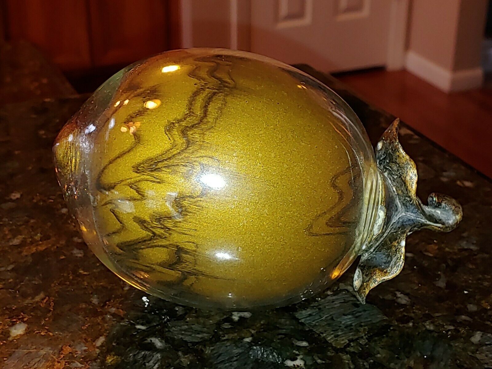 Hand Blown Glass 6.5" Acorn Fruit Decoration Table Art Gold w/ Brown Swirls - $28.67