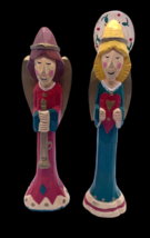 Hand Carved Angels Christmas Figures Figurines Shelf Sitter Folk Art Wooden Pair - $33.41