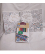 Adult Coloring Book Set 32 Color Pencils Two Animal Kingdom Tropical Wor... - $54.31 CAD