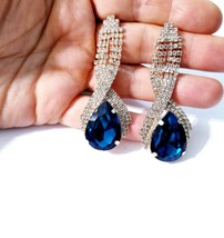 Pageant Drop Earrings, Rhinestone Crystal Earrings, 2.6 inch Teal Blue Chandelie - £25.92 GBP